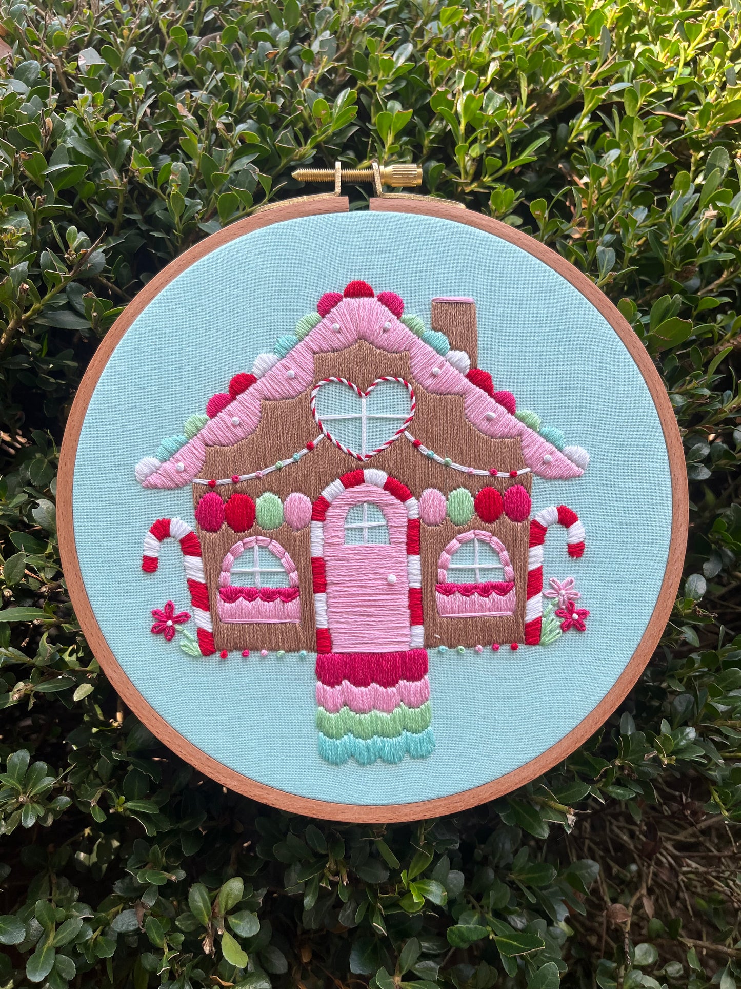 7” Pastel Gingerbread House Embroidery Hoop Art