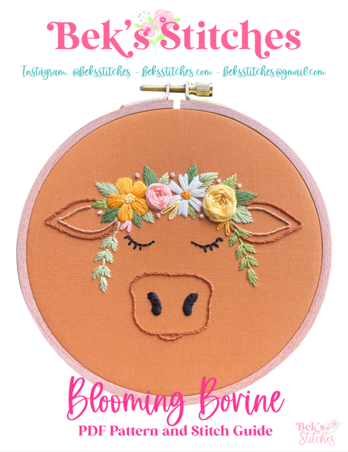 PDF Pattern - Blooming Bovine, Flower Crown Cow, Beginner/Intermediate Floral Hand Embroidery Pattern