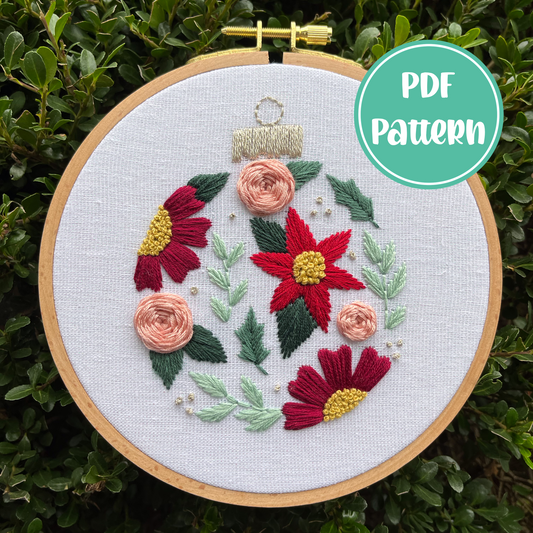 PDF Pattern - Blooming Bauble, Beginner/Intermediate Floral Christmas Ornament Hand Embroidery Pattern