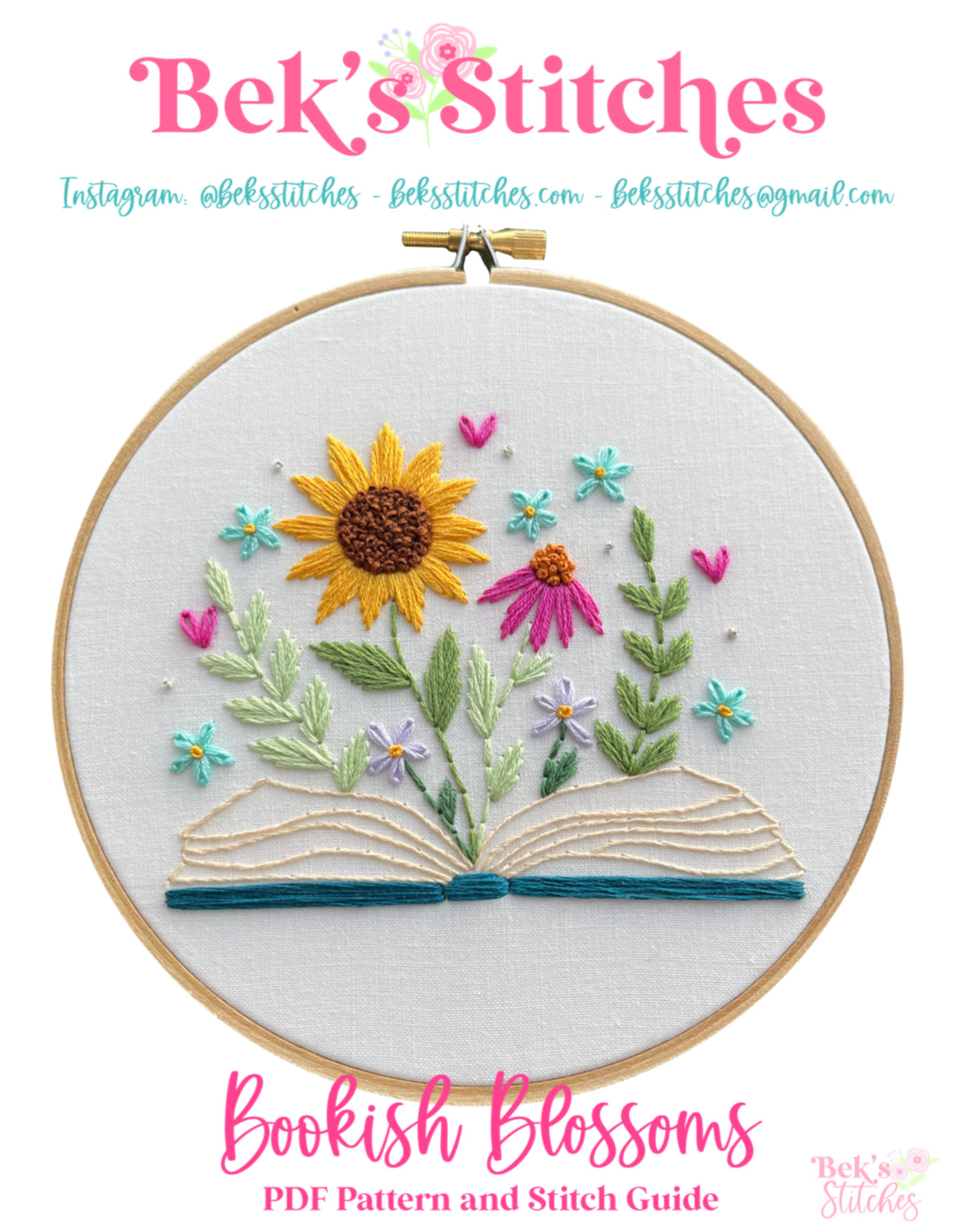 PDF Pattern - Bookish Blossoms, Beginner/Intermediate Floral Open Book Hand Embroidery Pattern