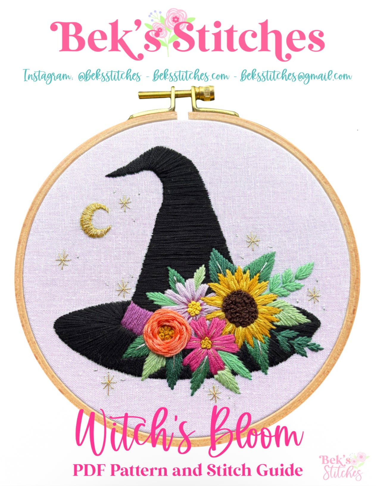 PDF Pattern - Witch's Bloom, Floral Witch Hat, Halloween Embroidery Pattern