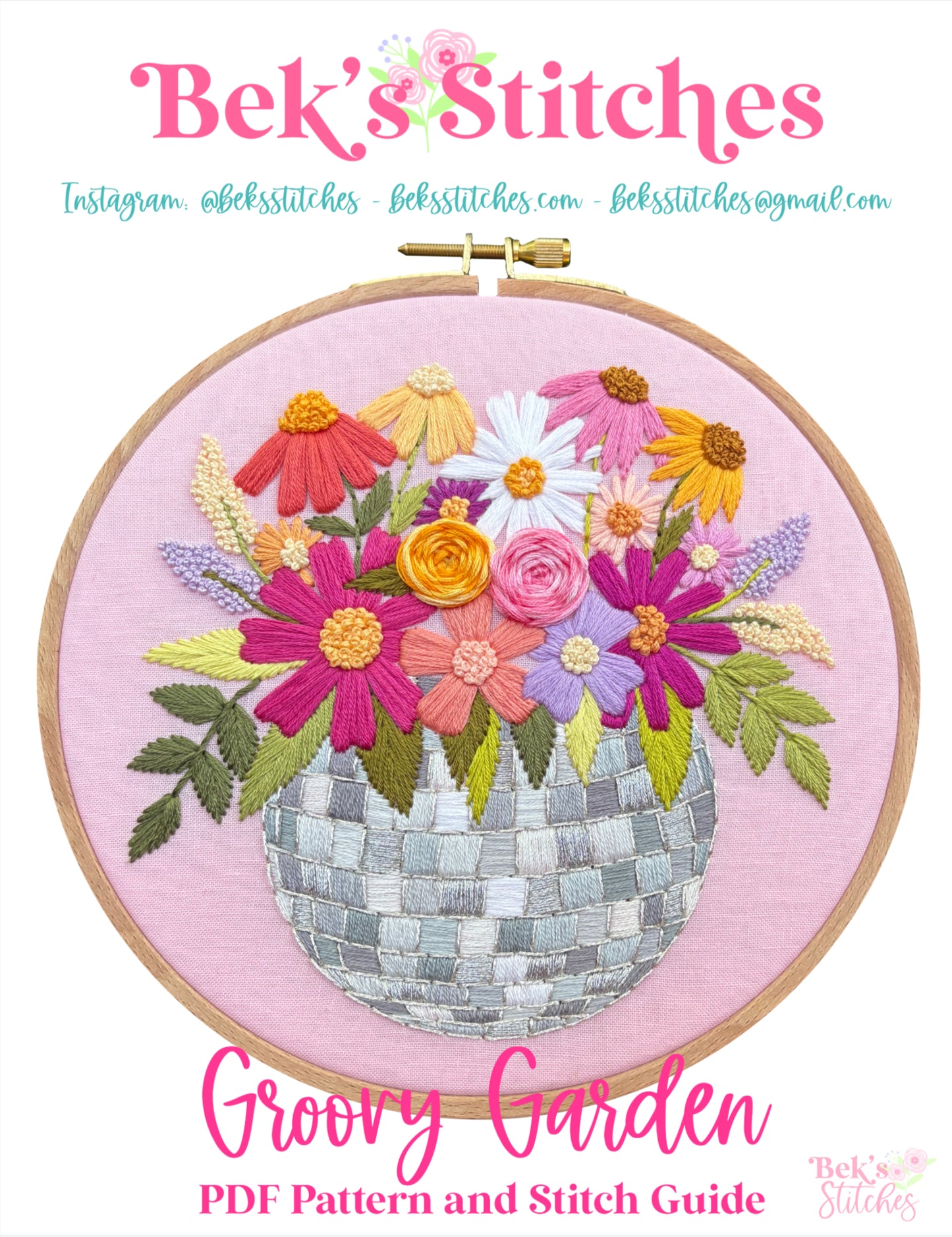 PDF Pattern - Groovy Garden, Disco Ball Flower Planter Embroidery Pattern