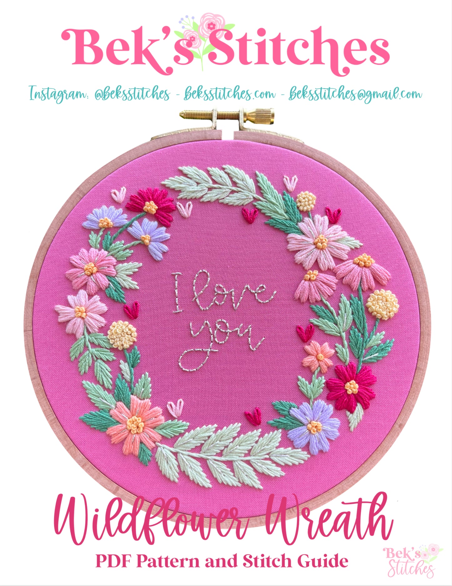 PDF Pattern - Wildflower Wreath, I Love You Valentine's Day Floral Wreath Hand Embroidery Pattern