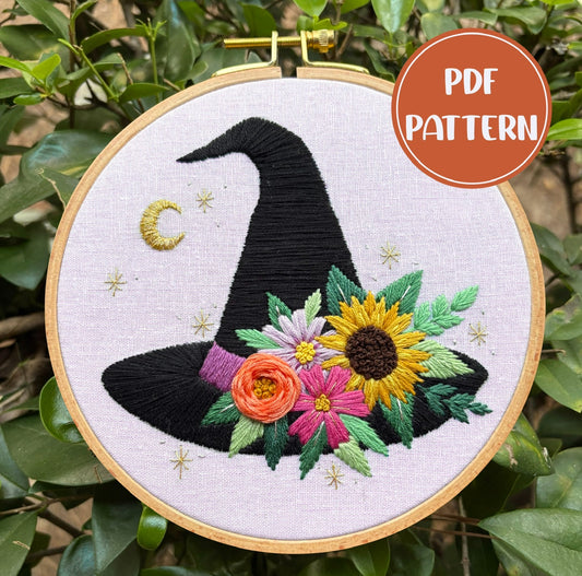 PDF Pattern - Witch's Bloom, Floral Witch Hat, Halloween Embroidery Pattern