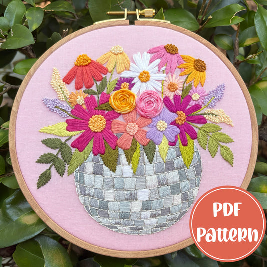 PDF Pattern - Groovy Garden, Disco Ball Flower Planter Embroidery Pattern