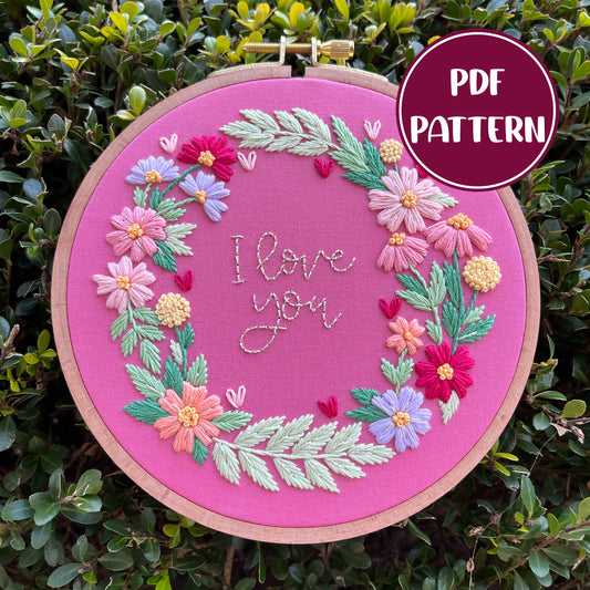 PDF Pattern - Wildflower Wreath, I Love You Valentine's Day Floral Wreath Hand Embroidery Pattern