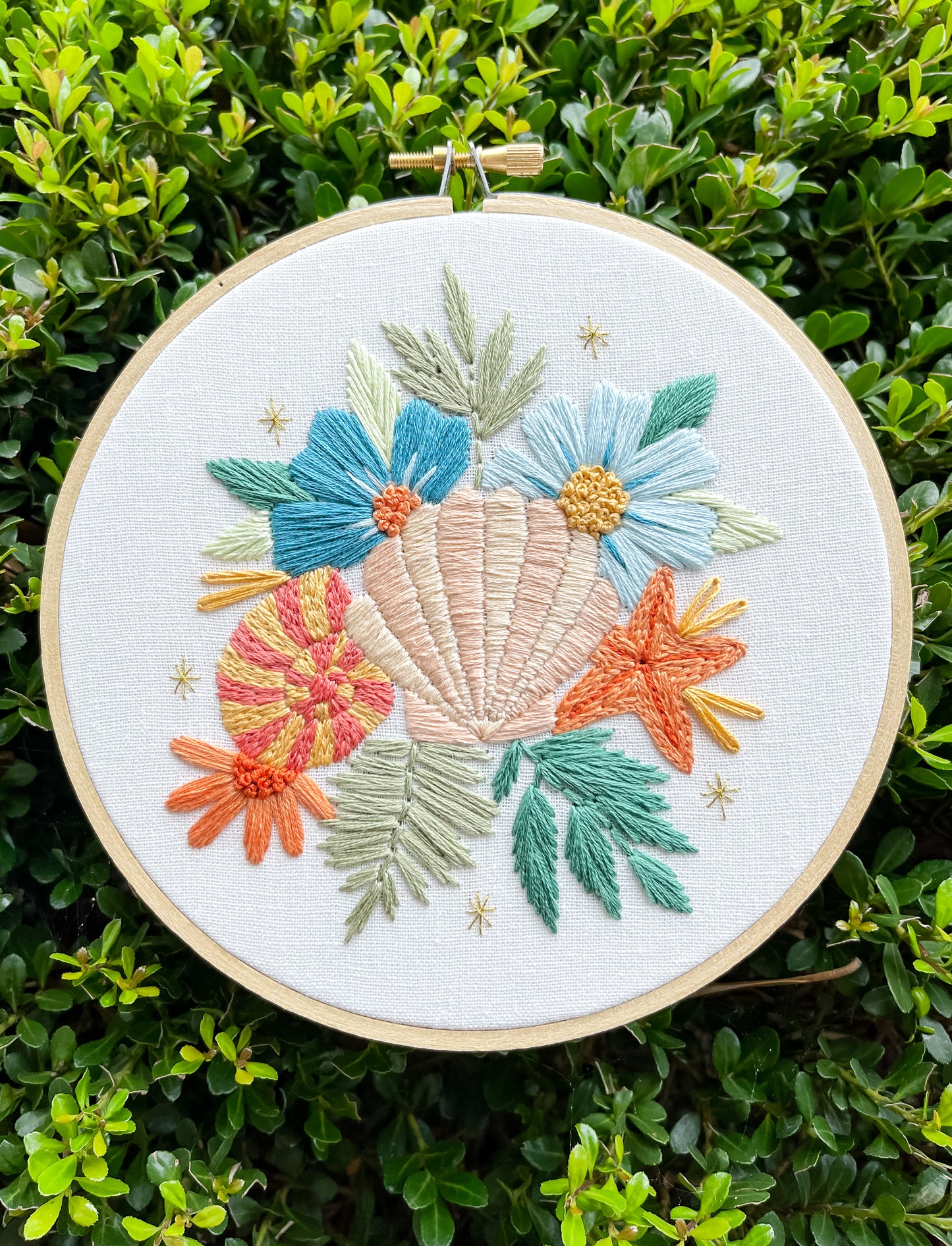 PDF Pattern - Beachy Blooms, Intermediate Beach Floral Seashell Hand Embroidery Pattern