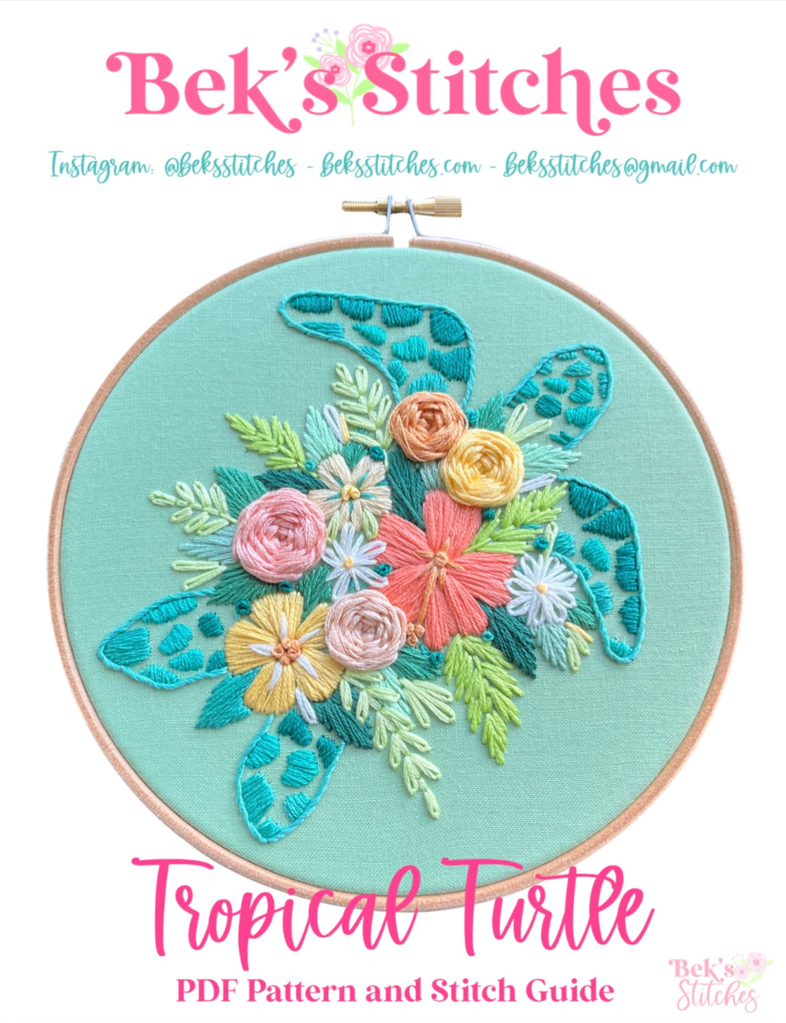PDF Pattern - Tropical Turtle, Intermediate Floral Sea Turtle Hand Embroidery Pattern