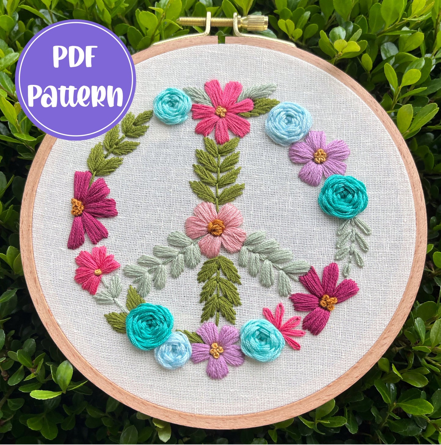 PDF Pattern - Peaceful Petals, Beginner/Intermediate Floral Peace Sign Symbol Hand Embroidery Pattern