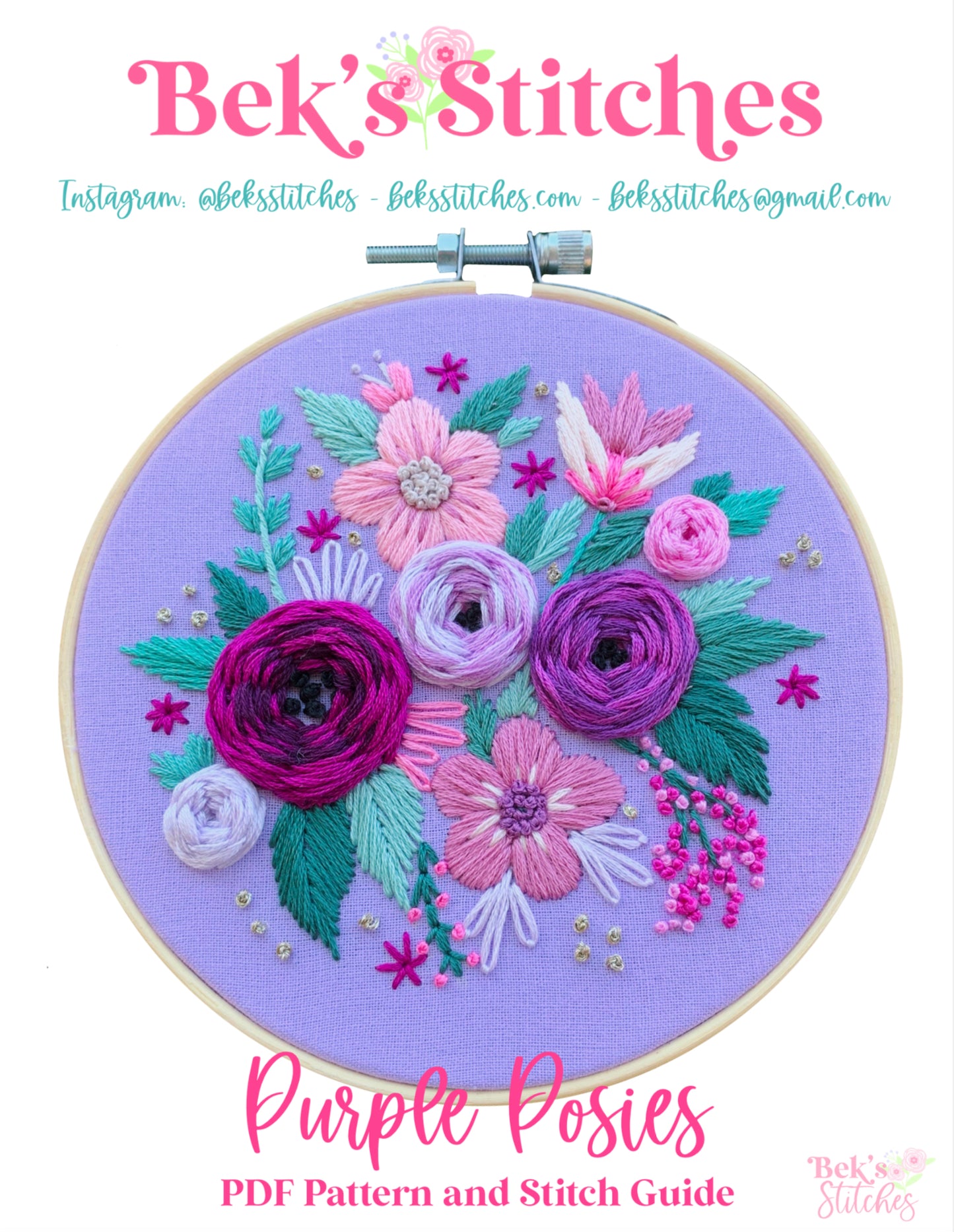 PDF Pattern - Purple Posies, Intermediate Embroidery Pattern