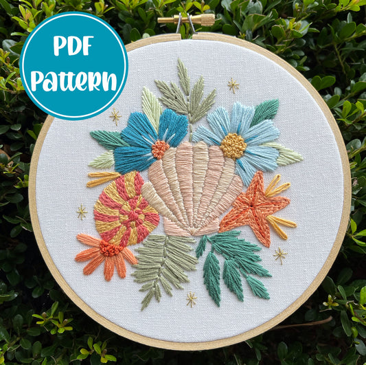 PDF Pattern - Beachy Blooms, Intermediate Beach Floral Seashell Hand Embroidery Pattern