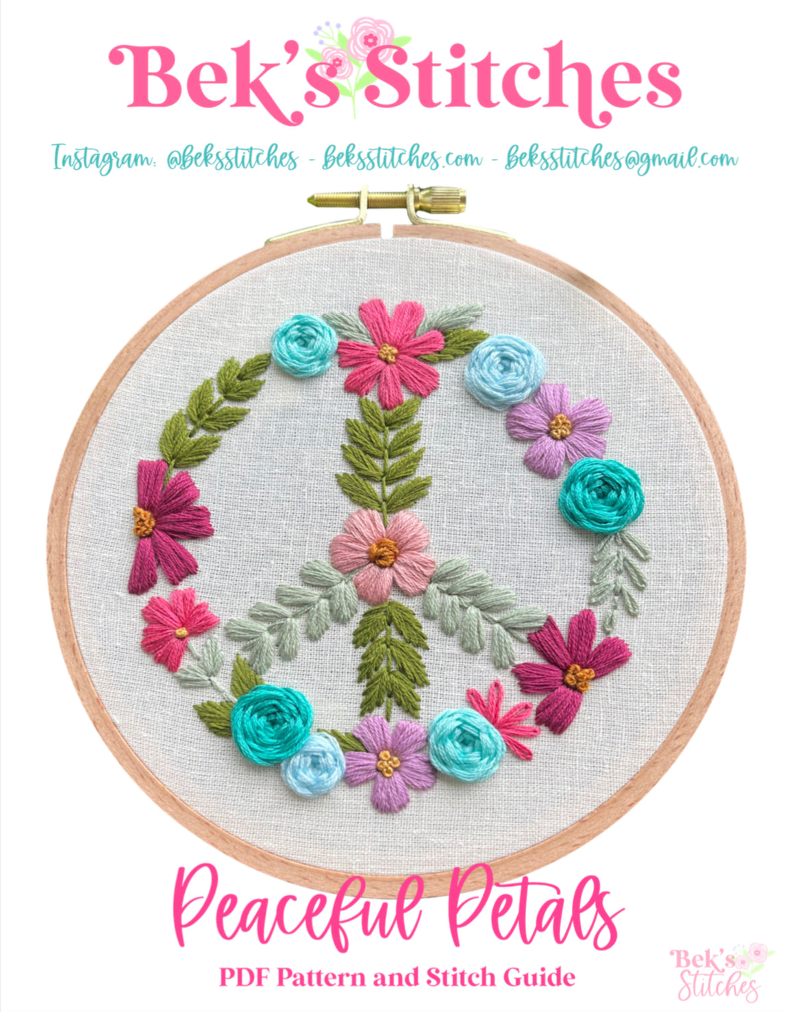 PDF Pattern - Peaceful Petals, Beginner/Intermediate Floral Peace Sign Symbol Hand Embroidery Pattern
