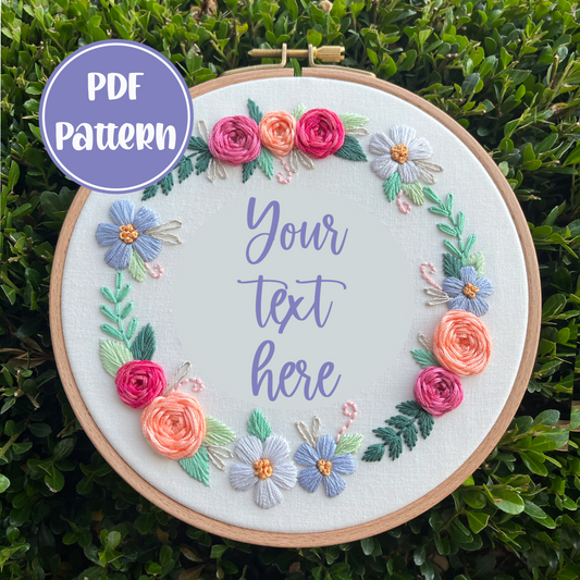 PDF Pattern - Bright Floral Wreath, Beginner/Intermediate Floral Hand Embroidery Pattern
