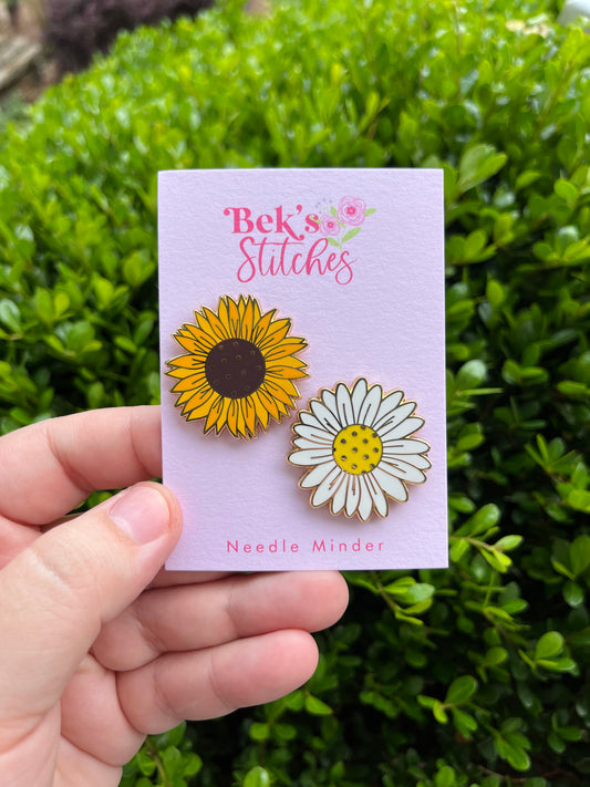 Enamel Sunflower and Daisy Needle Minder, Set or Individual - Embroidery Accessory