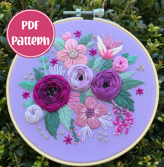 PDF Pattern - Purple Posies, Intermediate Embroidery Pattern