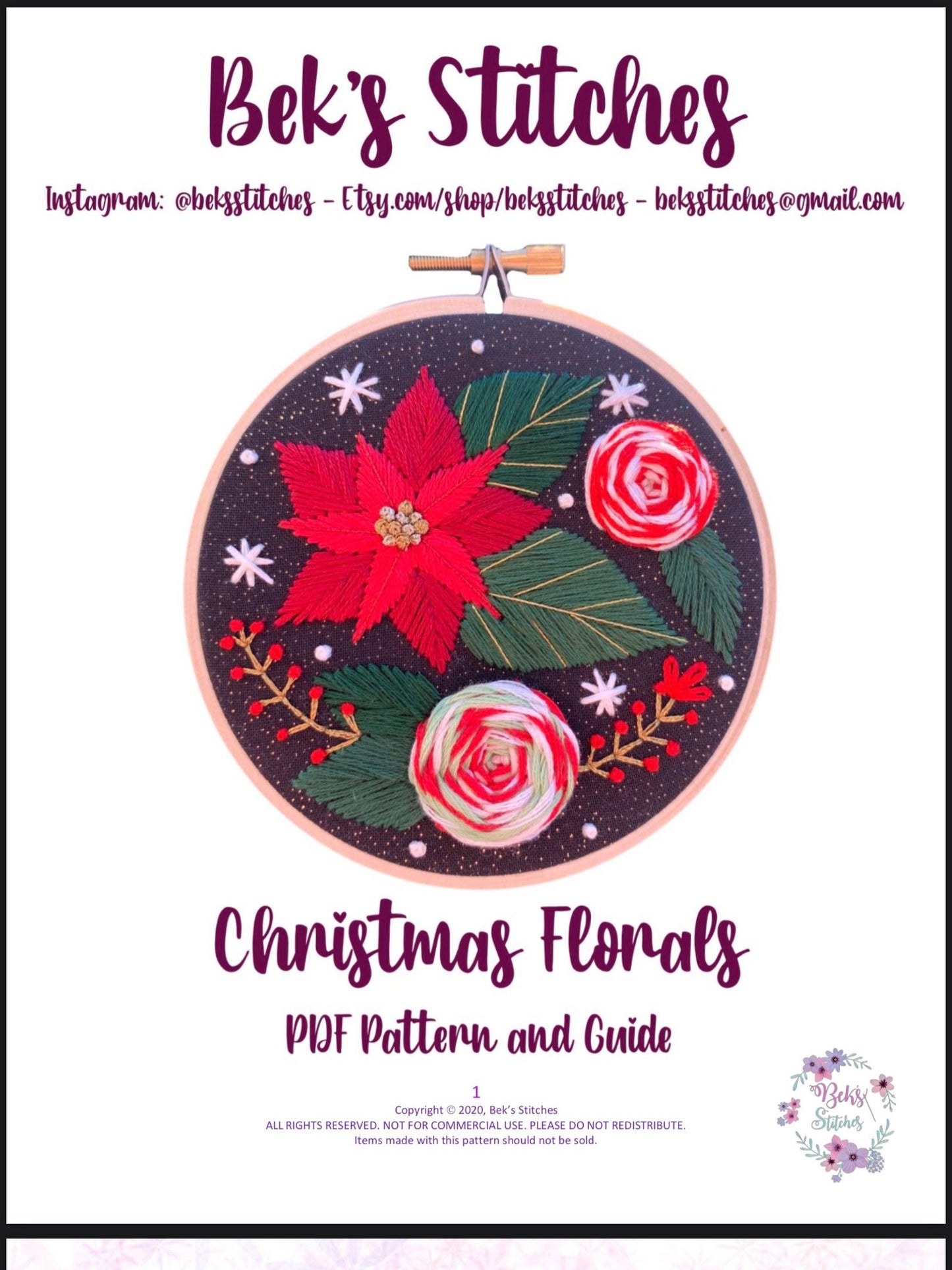 PDF Pattern - Christmas Florals, Intermediate Embroidery Pattern