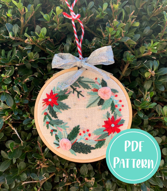 PDF Pattern - Floral Christmas Wreath, Intermediate Embroidery Pattern