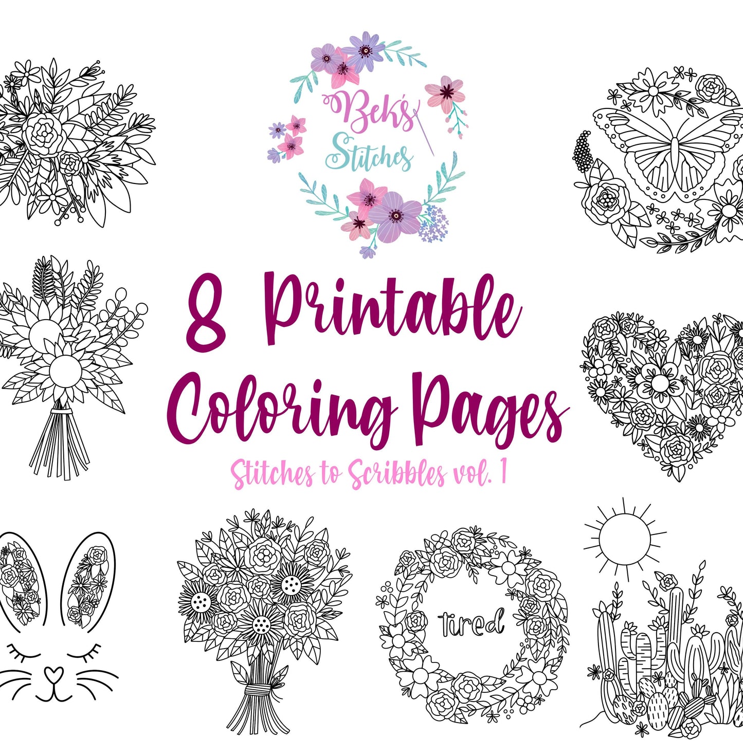 Printable PDF Coloring Pages - Stitches to Scribbles Volume 1 - 8 Original Coloring Pages