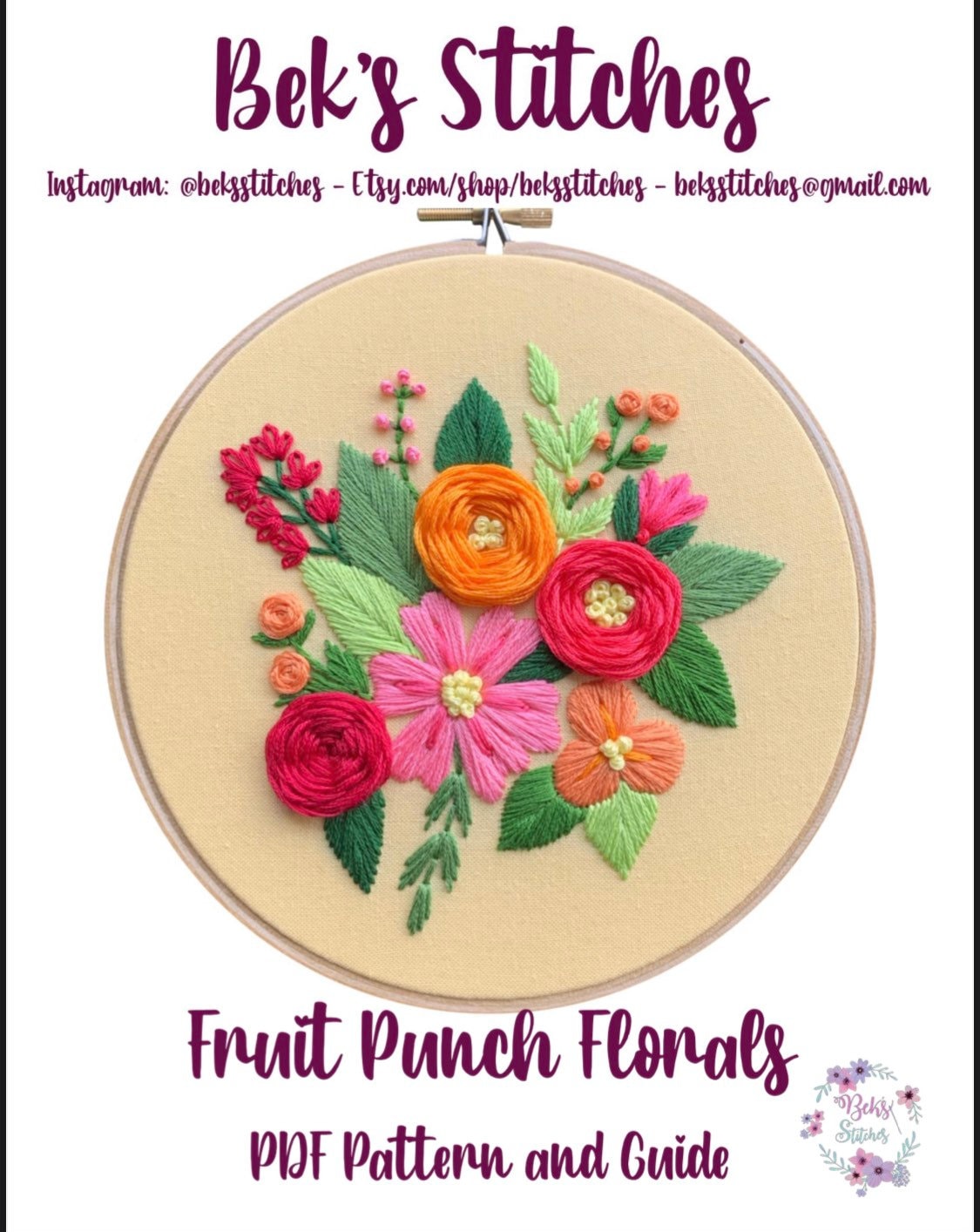 PDF Pattern - Fruit Punch Florals, Intermediate Embroidery Pattern