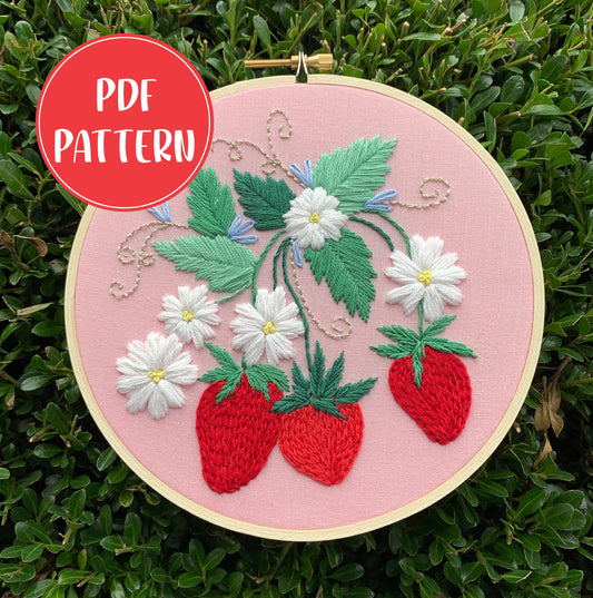 PDF Pattern - Strawberry Blossoms, Intermediate Embroidery Pattern