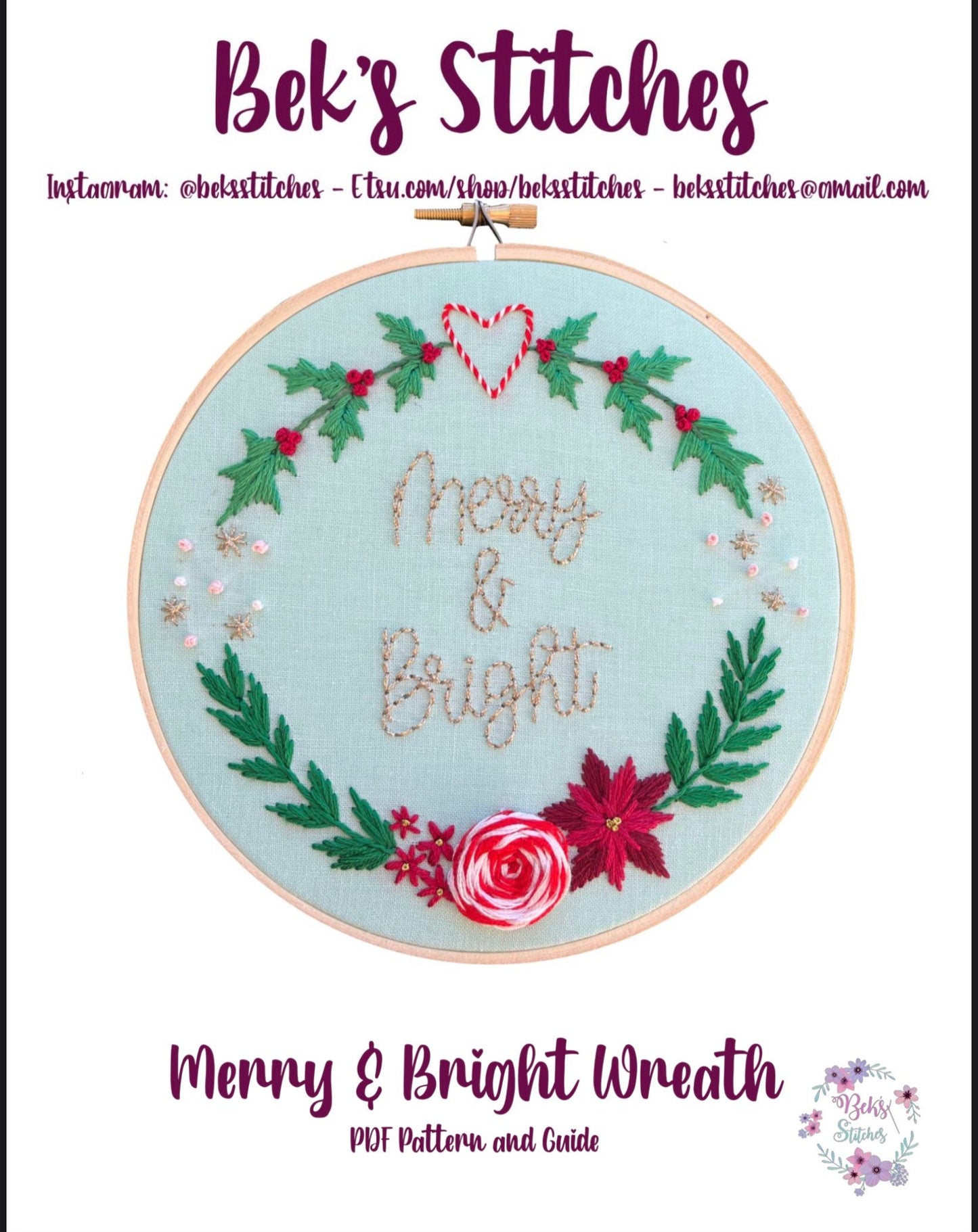 PDF Pattern - Merry and Bright Wreath, Intermediate Embroidery Pattern