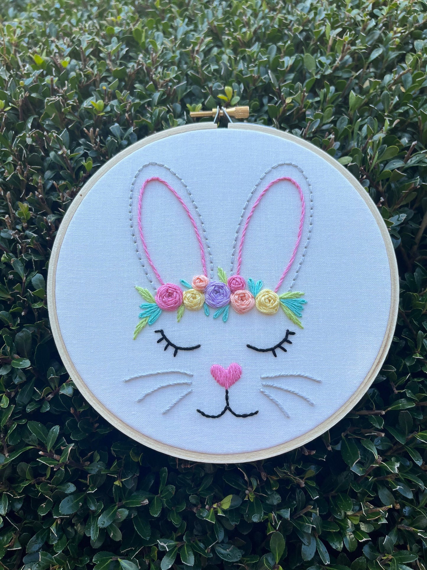 6” Flower Crown Bunny - Handmade Embroidery Hoop