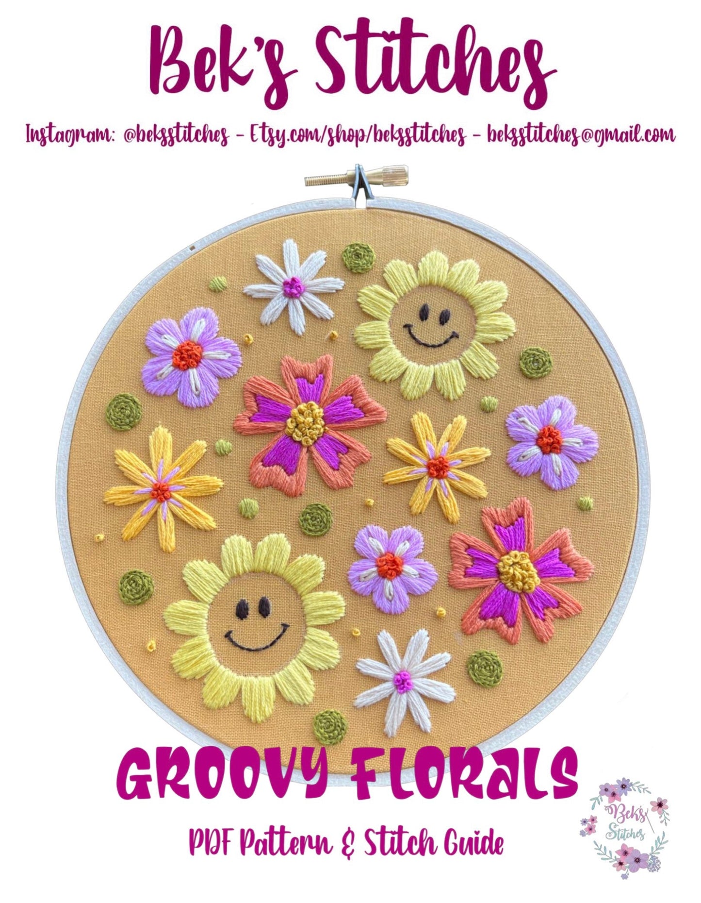 PDF Pattern - Groovy Florals, Intermediate Embroidery Pattern