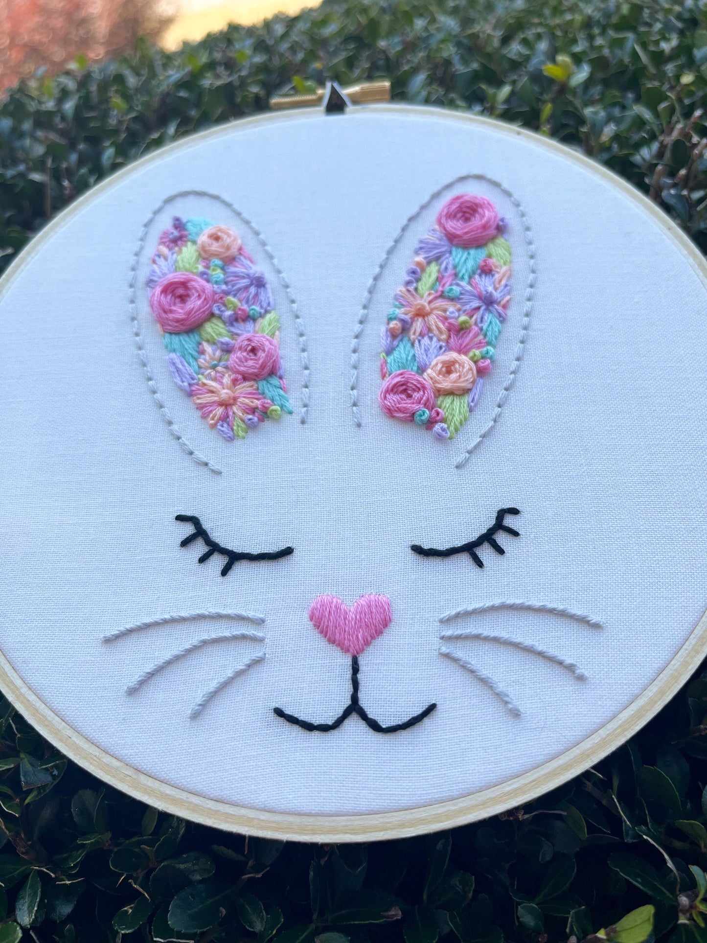 6” Floral Ear Bunny - Handmade Embroidery Hoop