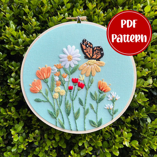 PDF Pattern - Monarch Meadow, Beginner/Intermediate Embroidery Pattern