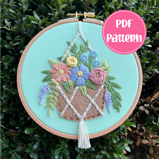 PDF Pattern - Blooming Basket, Intermediate Hanging Flower Planter Embroidery and Felt Applique Pattern