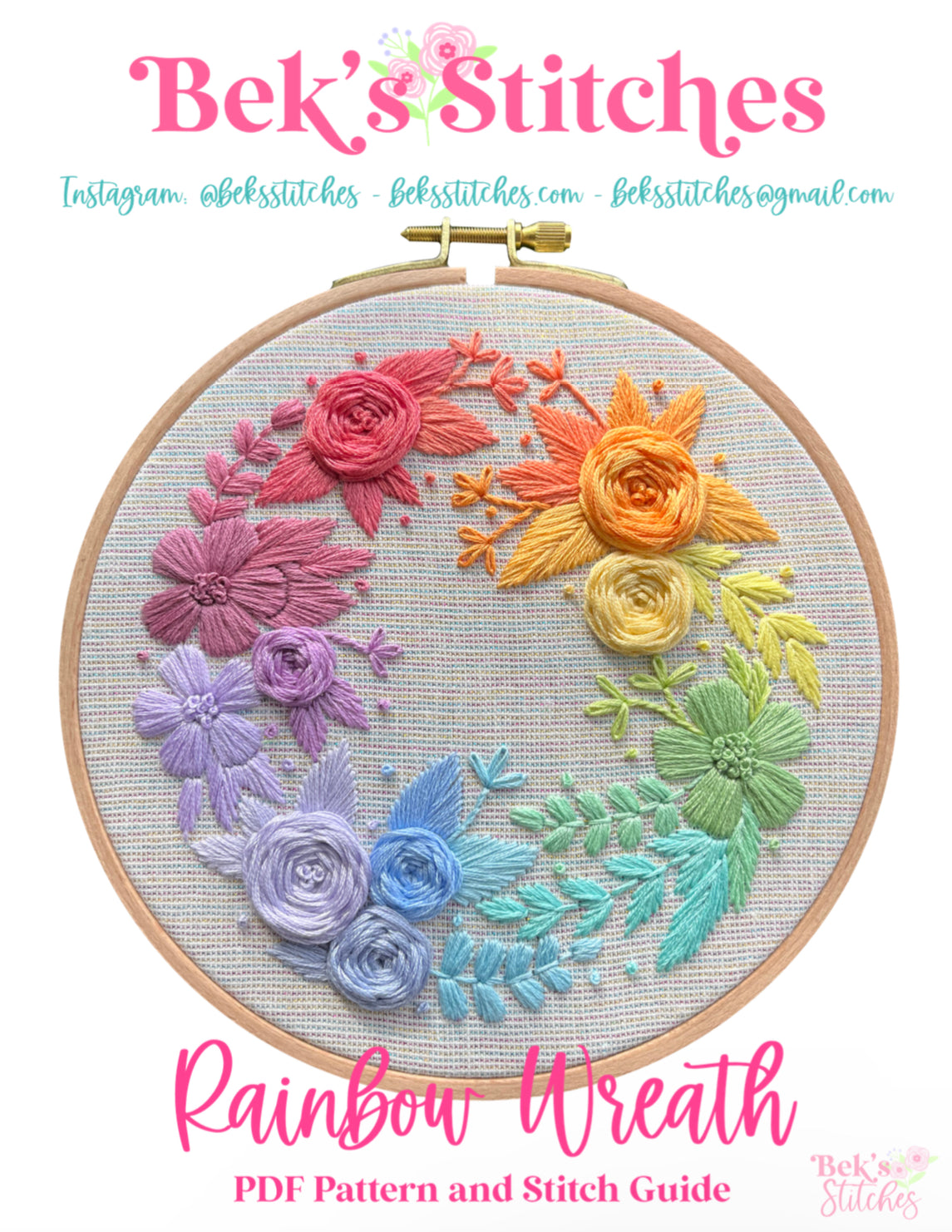 PDF Pattern - Rainbow Wreath, Intermediate Pastel Floral Wreath Embroidery Pattern