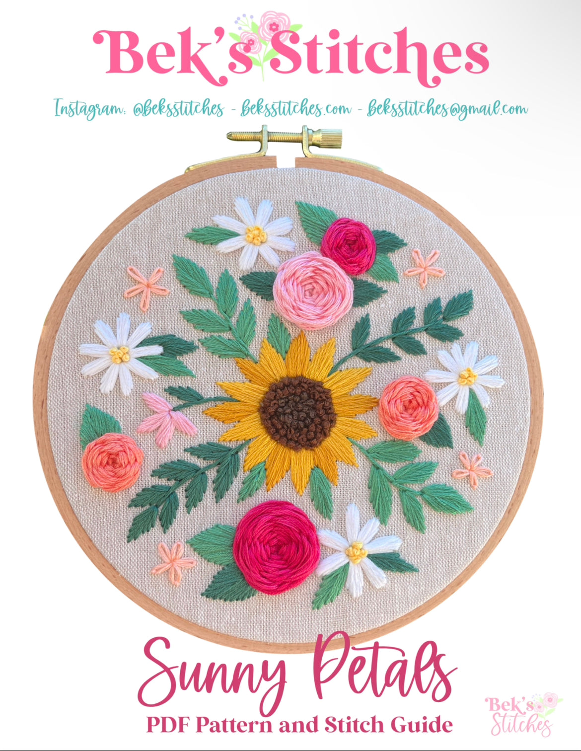 PDF Pattern - Sunny Petals, Intermediate Sunflower/Floral Embroidery Pattern