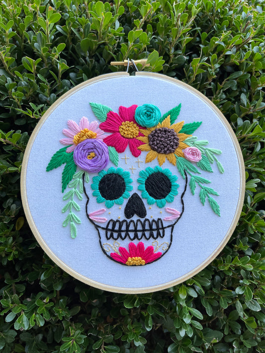 6” Spooky Friend Floral Sugar Skull- Handmade Embroidery Hoop