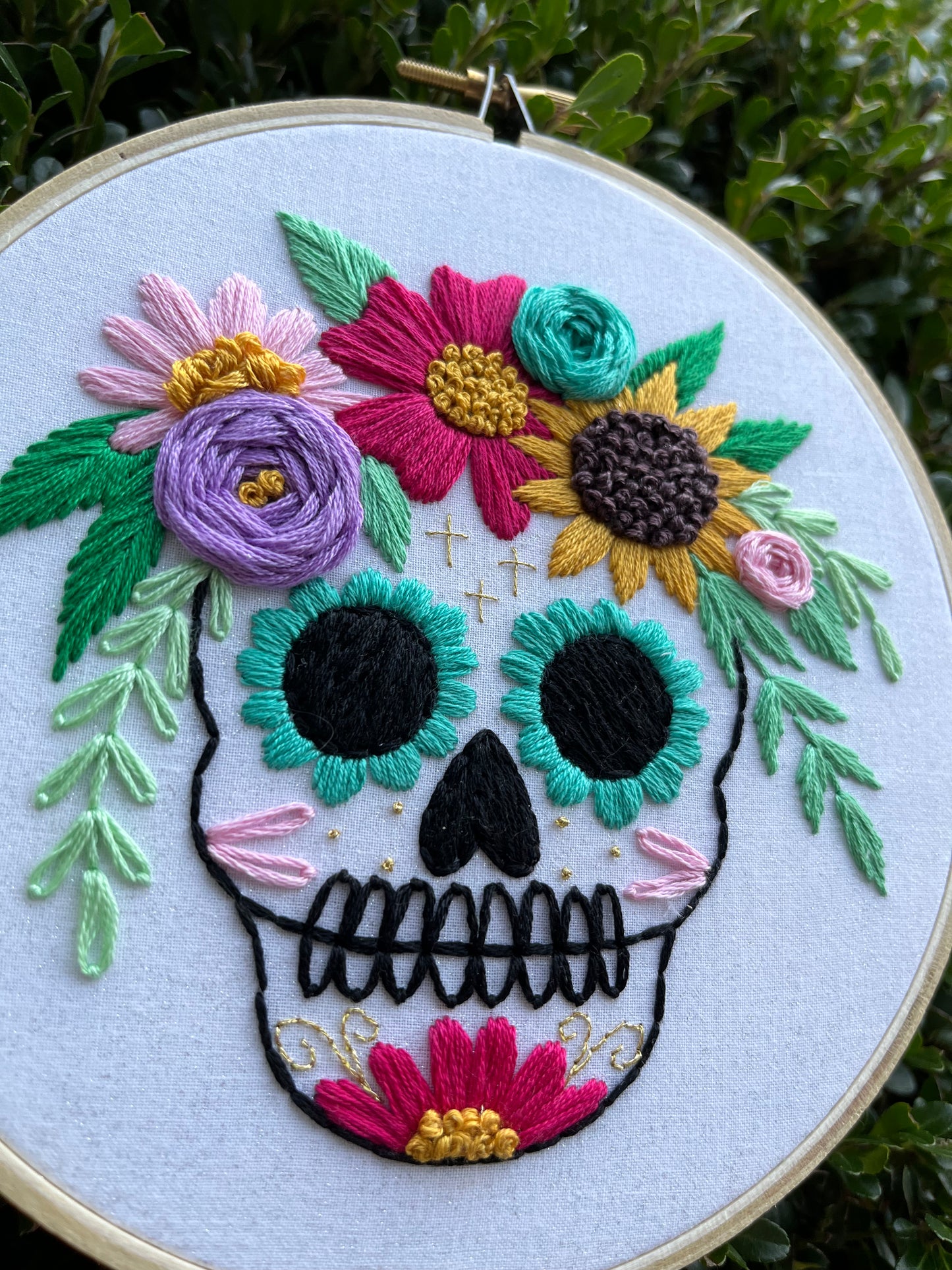 6” Spooky Friend Floral Sugar Skull- Handmade Embroidery Hoop