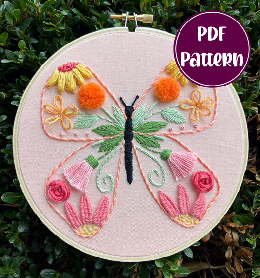 April Stitch Along PDF Pattern - Floral Butterfly Sampler Stitch Along, 3D Flowers, Intermediate Stitch Along