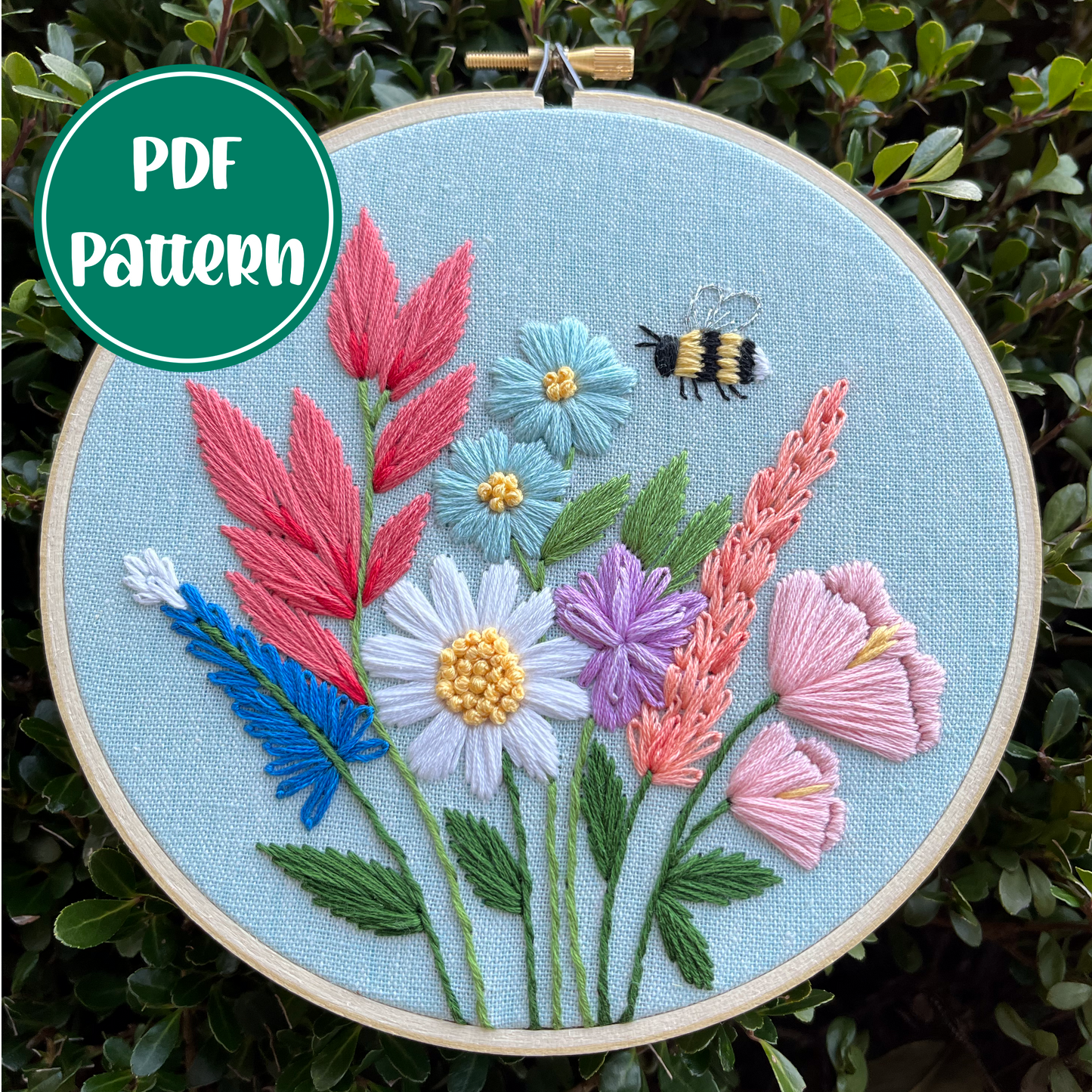 PDF Pattern - Bee Wild, Intermediate Bumble Bee/Floral Embroidery Pattern