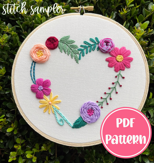 PDF Pattern - Beginner's Heart Stitch Sampler/Stitch Along