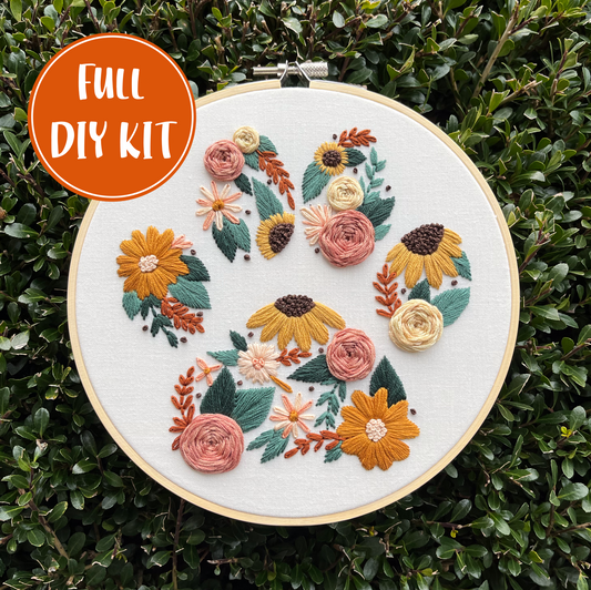 FULL KIT - Intermediate Floral Paw Print, Furry Friend Florals Kit - DIY Embroidery Kit, Floral Embroidery, Embroidery Pattern